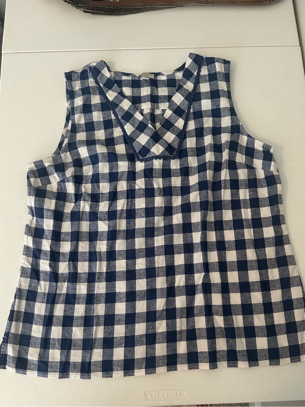 Talbots XL Petite Linen and Cotton Blue and White Gingham Sleeveless Shirt Top